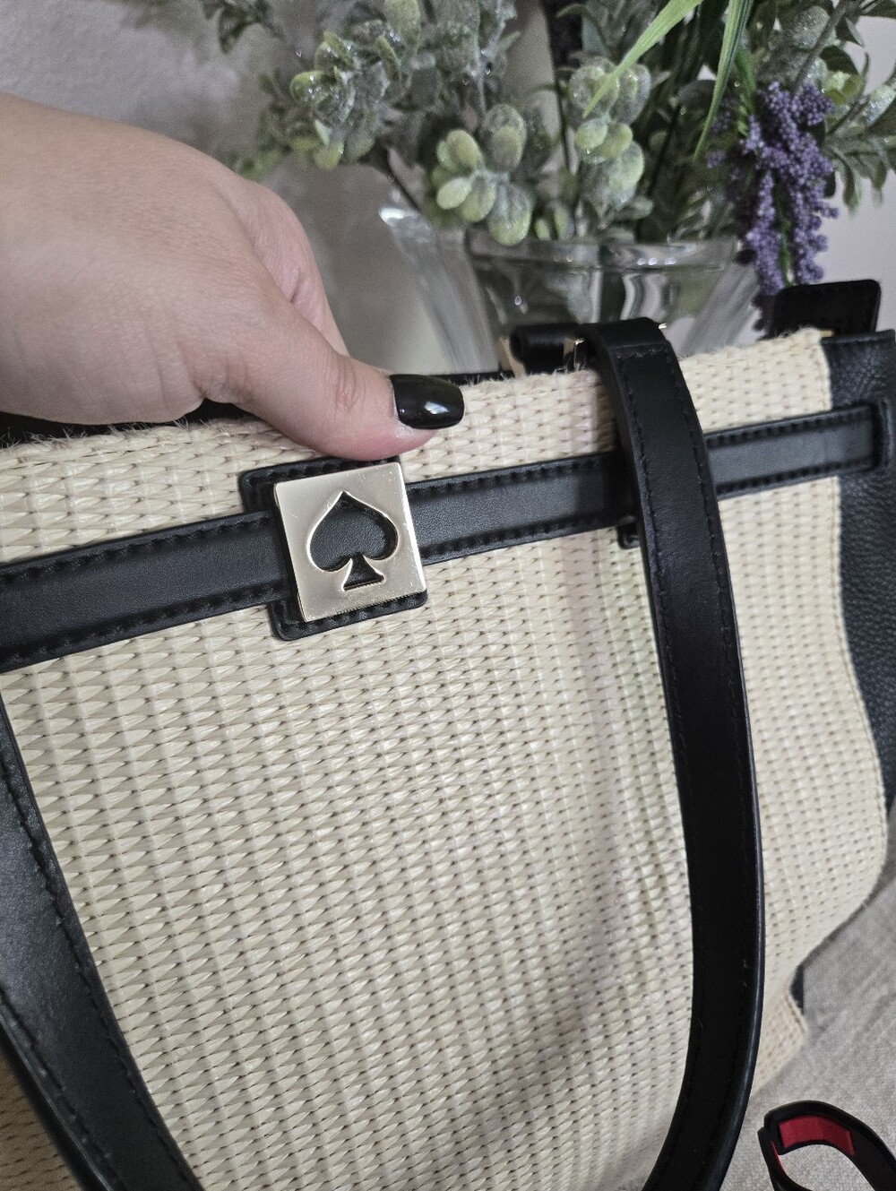 Kate Spade Houston Street Leo Black and Cream Woven Leather-Trim Tote - Picture 9 of 11